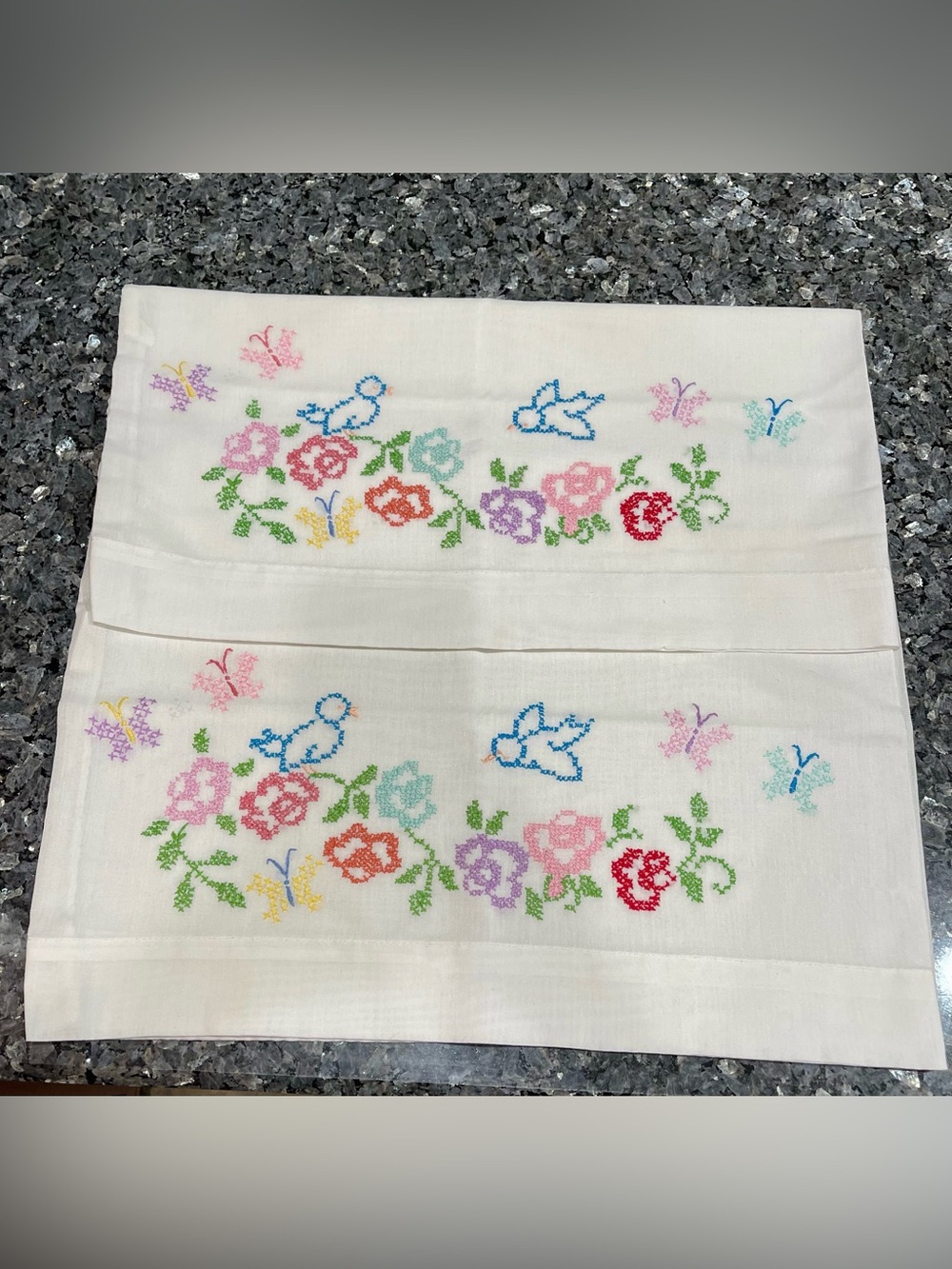 Handmade Needlepoint Floral Bluebird Butterfly Standard Pillowcase Pair